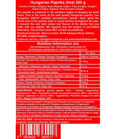 Menol Spices Authentic Hungarian Hot Paprika Powder 7oz - Premium Quality from Szeged, Hungary - Very Spicy & Vibrant Red for Gourmet Cooking - Buy Online on GoSupps.com