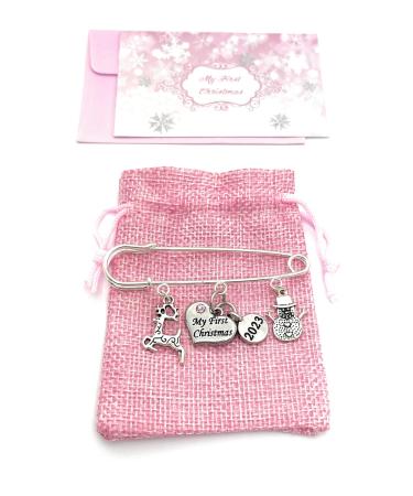 Baby Girl My First Christmas 2023 Baby Keepsake Charms with Pink Gift Bag and Gift Card - Reindeer and Snowman