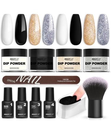 Dip Powder Nail Kit Starter Classic White Black Gold Silver Collection Dipping Powder Liquid Set With Base Activator Top Coat Brush Saver for Nail Dip Art Diy Kit at Home Black White Series