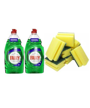 Dish Washing Cleaning Set Fairy Liquid 870ml-900ml With Heavy Duty Scrub Sponge Set of 10-2x Fairy + 8x Heavy Duty Scrub Sponge Sucasa (2x Fairy Original 900ml + 8 Sponge)