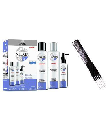 fragile hair NlOXlN System 5 Trial STARTER KIT for Chemically Treated Hair & Light Thinning 3-piece TRIO Kit (w/ Sleek Premium Carbon Teasing Comb) Boost Fine Hair (System 5 TRIAL KIT (5 oz + 5 oz + 1.7 oz))