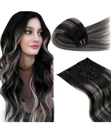 Laavoo clip in Extensions real hair ombre black 7PCs/105g 35cm real hair Extensions clip balayage black ombre silver remy hair extension real hair clip Doubled full of head 14pouces/35cm 3.4#1b/s/1b