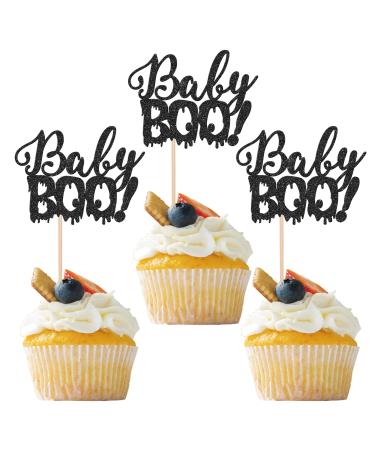 24 Pack Halloween Cupcake Toppers Glitter Baby Boo Cake Picks Little Boo Cake Decoration for Happy Halloween Theme Baby Shower Birthday Party Cake Decorations Supplies Black 18