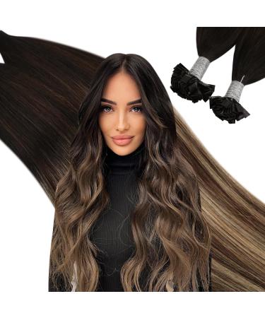 Ugeat flat tips hair balayage ombre keratin fusion glue sticks tips of course black to dark brown and blond bonded flat tip bondings real hair 35cm 50gram 14 inch 3.flat tip #1b/4/27