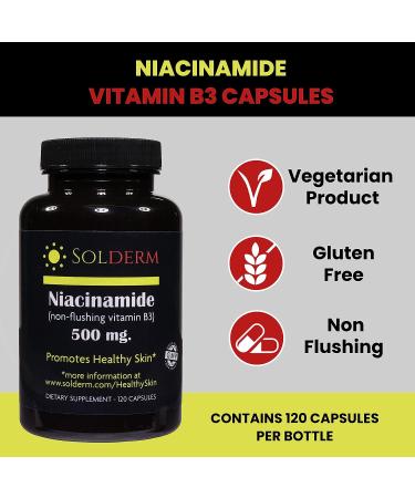 SOLDERM Niacinamide 500mg Non-Flushing Capsules - Promotes Healthy Skin | Vitamin B3 Supplement | Vegetarian & Gluten-Free - 120 Count - Buy Online on GoSupps.com