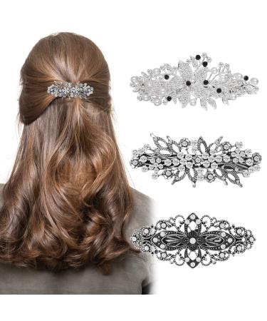Molain 3 Pcs Large Diamante Flower Leafy Barrette Bridal Wedding Silver Hairpins Crystal Pearl Flower Design Hair Clip Vintage Antique Style Hair Barrette Hair Accessories for Women Girls (Style B)