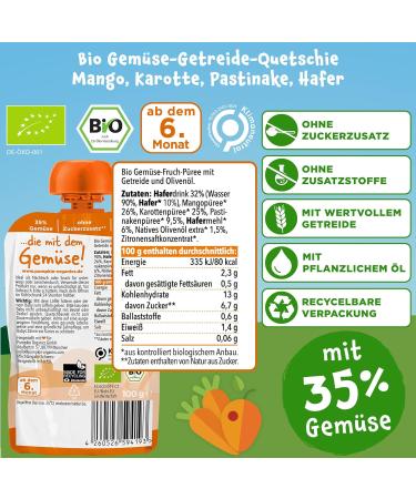 Buy Pumpkin Organics Bio Vegetable Cereal Quets 8 Pack - Mango Carrot Pastinake & Oats - No Added Sugar Baby Food for 6+ Months - Vegetarian (8x100g) - Buy Online on GoSupps.com