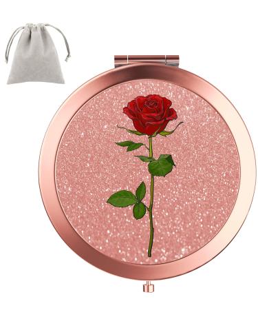 Dynippy Compact Mirror Round Rose Gold 2 x 1x Magnification Makeup Mirror for Purses and Travel Folding Mini Pocket Mirror Portable Hand for Girls Woman Mother - Red Rose A-red Rose