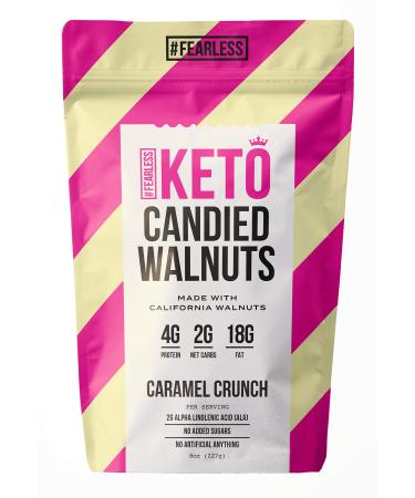 Fearless Keto Small Batch Hand-Roasted Candied Walnuts, 2g Net Carb, High Protein, Monk Fruit Sweetened, Nut Mix, Made with Omega-3 Rich California Walnuts, 8 oz (Caramel Crunch Flavor)