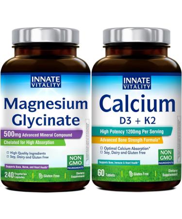 Innate Vitality Calcium 1200mg with D3 & K2 + Magnesium Glycinate 500mg Bundle | High Absorption Mineral Complex for Bone Density Circulatory Wellness & Nerve Function | Non-GMO Vegan Friendly