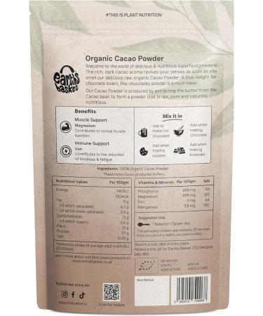 Earths Basket Organic Cacao Powder 250g Peruvian Natural & Pure Theobroma Cacao. Magnesium & Iron - Buy Online on GoSupps.com