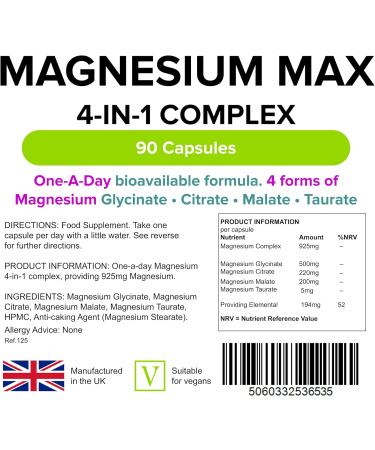 Lindens - Magnesium Max 4-in-1 Complex 90 Caps - 1 a Day UK Made - Muscle Support Bone Health & Energy Boost - Magnesium Glycinate Citrate Malate & Taurate - Letterbox Friendly Vegan - Buy Online on GoSupps.com