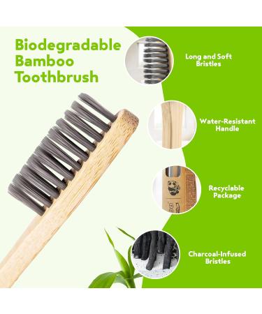 Bamboogaloo Premium Bamboo Toothbrushes 5-Pack | Eco-Friendly Organic Biodegradable | Soft Charcoal Bristles & Free Cotton Swab - Buy Online on GoSupps.com