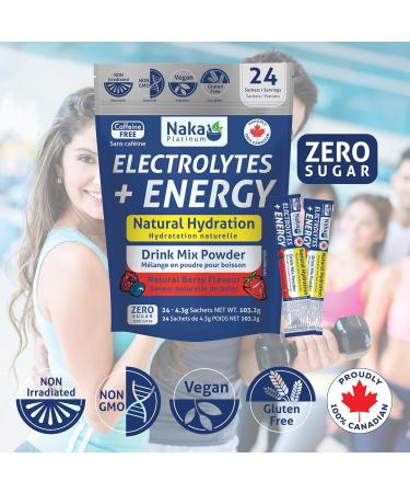 Naka Electrolytes + Energy Natural Hydration Drink Mix powder Berry Flavour Caffeine Free Botanical Boost with Beetroot Hawthorn Berry and Ginseng Made in Canada (24 sachets) - Buy Online on GoSupps.com