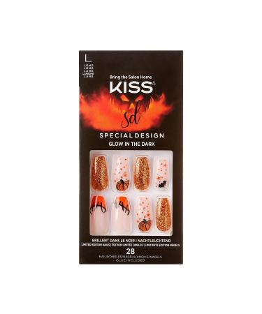 KISS Special Design Halloween Fake Nails Glow-In-The-Dark Style Wicked with Pink Gel Nail Glue Mini Nail File Manicure Stick & 28 False Nails