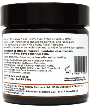 Living Energy Systems Ltd SilverMSM Cream with essential oil of Indian frankincense and natural frangipani scent 60 ml - Buy Online on GoSupps.com