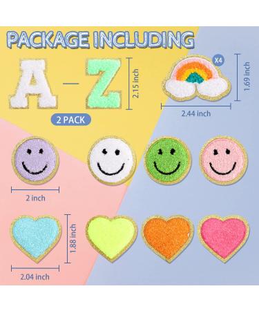 64PCS Adhesive Chenille Letter Patches - 2 Packs A-Z Varsity Alphabet Stickers for Clothes, Jackets, Backpacks - Mixed Color Felt Patches with Smile Face, Love Heart, Rainbow Designs - Buy Online on GoSupps.com
