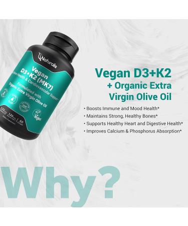 Naturalis Vegan Vitamin D3 + K2 Algae Supplement | 5000iu D & 120mcg K | Vegan Society Certified | 60 Veggie Softgels - Buy Online on GoSupps.com