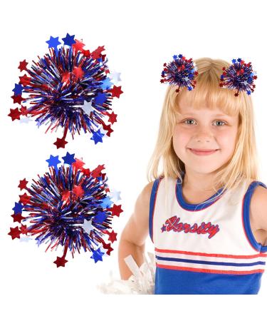 July 4th Patriotic Pom Pom Hair Clips Girls Kids Metallic Cheer Bow Barrette Glitter Red White Blue Decor Accessories Independence Day Party Favor Gift for Cheerleader Women