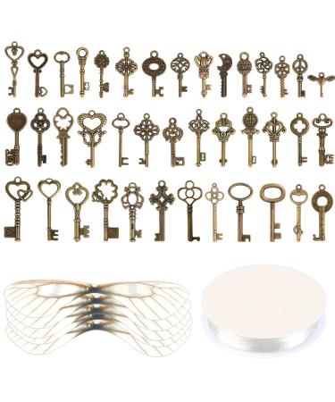 Set of 40 Flying Keys Charms  40PCS Dragonfly Wings 40 DIY Vintage Skeleton Key and Elastic Crystal String for Wedding Party Decorations
