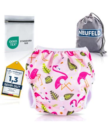 Neufeld swimming diaper baby (including free bag & e -book) - reusable swimming diaper 2 years - baby swimming diaper (gr. L pink) l (up to 22kg) sweet flamingos