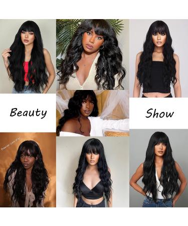 LuxeMelan Black Long Wavy Synthetic Bang Wig - Ocean Wavy Machine Wig for Women | Beginner-Friendly & No Glue Needed - Ideal for Cosplay & Parties - Buy Online on GoSupps.com