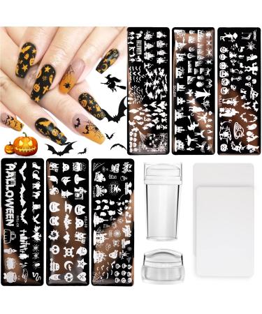 10Pcs Halloween Nail Stamp Plate Kit, 6Pcs Nail Art Image Templates 2 Stamper 2 Scraper Pumpkin Bat Witch Spider Owl for DIY Holiday Nail Art Stamping Stencils Design(Halloween Style)