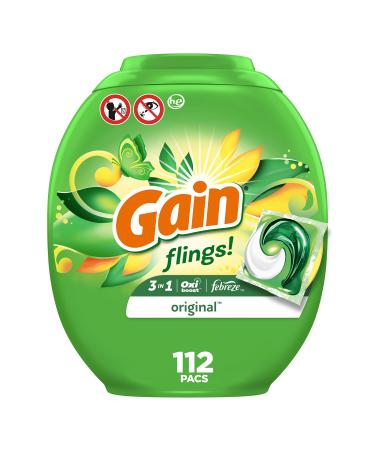 Gain flings Laundry Detergent Soap Pacs, HE Compatible, Long Lasting Scent, Original Scent, 112 count Laundry Detergent Flings, 112 count