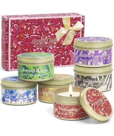 Scented Candles Set Soy Wax Candle Long Lasting Tin Candles for Home Fragrance Gift Set for Women Mother's Day Christmas Birthday Housewarming 6 Charming Scents