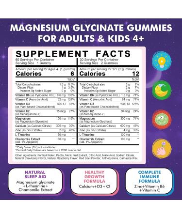 Magnesium Glycinate Gummies for Kids 4+ & Adults- Magnesium Glycinate 150/300 mg for Natural Sleep Relaxation & Calm Support Melatonin Free Sugar Free Strawberry Flavor 60 Ct 60 Count (Pack of 1) - Buy Online on GoSupps.com