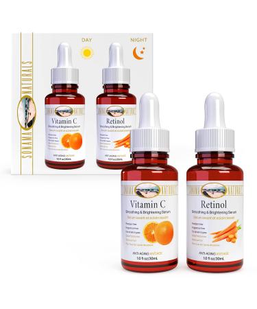 Vitamin C and Retinol Serum for Face 1 oz. two-pack | Day & Night Kit | Smoothing Natural Anti-Aging Formula | Facial Serum for All Skin
