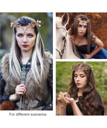 MOSTORY Fairy Gold Leaf Crown Goddess Headpiece Elf Woodland Headband Blue Crystal Pendant Circlet Tiara for Women Reneaissance Halloween Hair Accessories Princess Cosplay Costumes - Buy Online on GoSupps.com