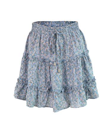 LAEMILIA Womens Elastic Waist Flared Short Skirt Floral Print Pleated Mini Skater Skirt with Drawstring L Blue