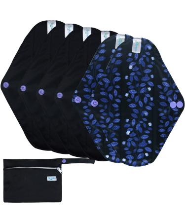 Leekalos Reusable Menstrual Pads - Bamboo Menstrual Cloth Pads | Light Incontinence Pads | Reusable Sanitary Pads - Pack of 6, 1 Cloth Mini Wet Bag (M, Black Flower) Medium (Pack of 6) Black Flower