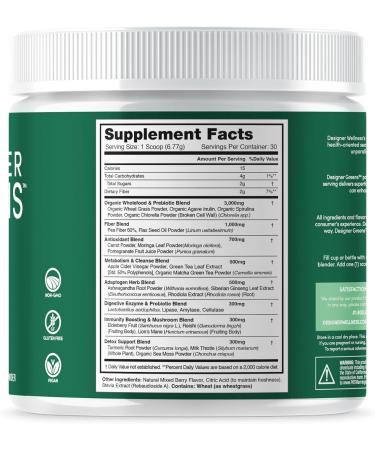 Designer Wellness, Designer Greens Superfood Powder with Prebiotics, Probiotics, Antioxidants, and Detox Support, 30 Servings Greens Superfood 7.16 Ounce (Pack of 1) - Buy Online on GoSupps.com