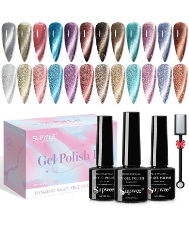 SUPWEE Reflective Cat Eye Gel Polish Kit with Magnet 12 Colors Glitter Holographic 9D Magnetic Nail Polish Gel Cateye Effect Gel Polish for Home DIY Manicure Nail Salon 146