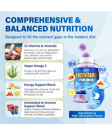 Mens Multivitamins Gummies with Methylated Vitamins - Vegan Omega-3 CoQ10 Vitamin A C D3 K2 B12 Calcium Zinc Grape Seed Support Energy & Antioxidant - Multivitamin for Men Gummies Sugar-Free Mixed Berries 60 Count (Pa  - Buy Online on GoSupps.com