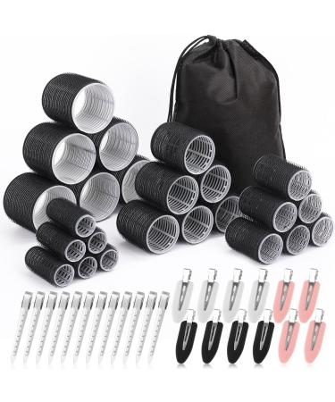 Rollers Hair Curlers 48 Pcs Set with 24Pcs Hair Rollers 4 Sizes (6 Jumbo Rollers/6 Large Rollers/6 Medium Rollers/6 Small Rollers) and 24 Pcs Hair Clips for Long Medium Short Hair (Black)
