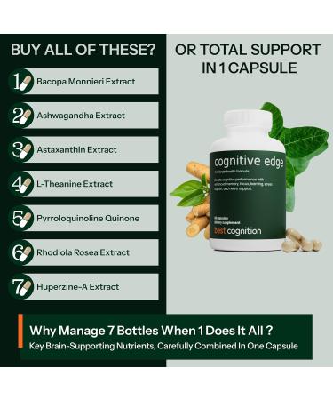 Cognitive Edge Bacopa Memory Supplement - Calm Focus Daily Clarity & Retention - 7 Natural Ingredients Including L-Theanine Ashwagandha PQQ Astaxanthin - Caffeine-Free Brain Support (60 Capsules) - Buy Online on GoSupps.com