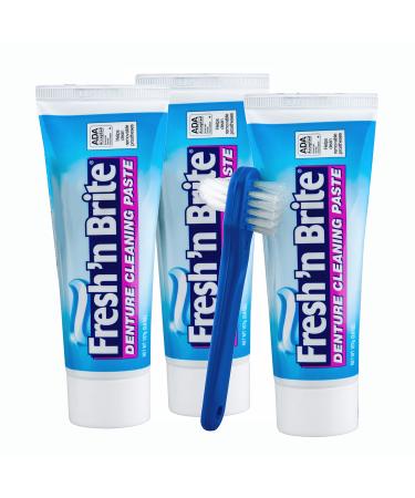 Fresh 'n Brite Denture Cleaning Paste for Dentures Removable Partial Dentures Retainers Mouthguards Nightguards Fast Stain Removal Pack of 3 3.8 oz Tubes with Denture Cleaning Brush