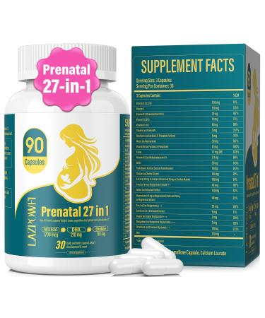 Lazpowfi Prenatal Vitamins for Women Postnatal Multivitamin with Folic Acid DHA Choline for Pregnant and Breastfeeding Women Niacinamide Biotin and Minerals 27 in 1 Supplement 90 Capsules-30 Servings