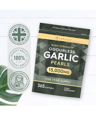 Odourless Garlic Capsules 15000mg | 365 Count | High Strength Garlic Oil | One Year Supply | No Artificial Preservatives | by Carlyle - Buy Online on GoSupps.com