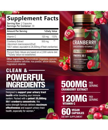 Built by Nature Cranberry Pills 25 000mg - Extra Strength 50:1 Concentrate Extract with Vitamin C - Urinary Tract Health Supplement for Women - Non-GMO Sugar Free Vegan - 60 Capsules - Buy Online on GoSupps.com