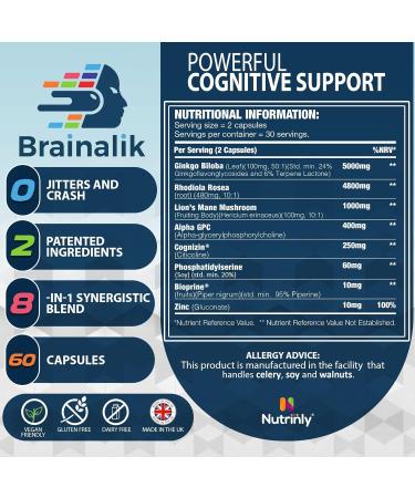 Brainalik Nootropics: Premium Brain Supplements with 8 Ingredients for Memory Support and Mental Clarity | Made in the U.K - Buy Online on GoSupps.com