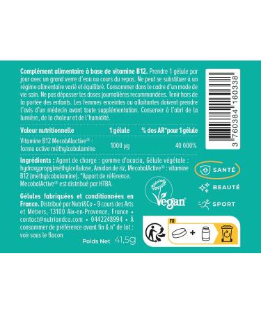 NUTRI & CO Vegan Vitamin B12 1000 mcg - Pure & Bioavailable Patented Methylcobalamin - High Absorption - Anti Fatigue & Immunity - 120 Gluten-Free Capsules - Packaged in France - Buy Online on GoSupps.com