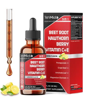 Tenmido 9in1 Beet Root Extract Liquid Drops with Vitamin C Vitamin E Hawthorn Berry Pomegranate Grape Seed Artichoke Magnesium Glycinate and Black Pepper - 30ml 1 Fl Oz