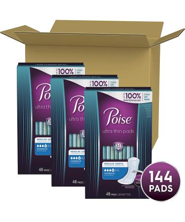 Poise Ultra Thin Incontinence Pads for Women - 144 Count, Moderate Absorbency, Regular Length - Pack of 3 (Packaging May Vary) - Buy Online on GoSupps.com