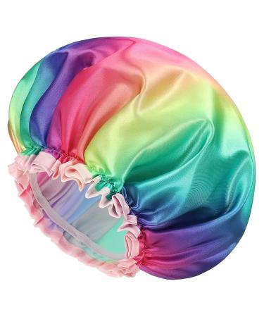 mikimini Shower Cap for Women Long Hair Double Layer Waterproof Large size Reusable Washable No Smell Rainbow Fashion Shower Cap X-Large Pack of 1 Rainbow X-Large (Pack of 1) Rainbow