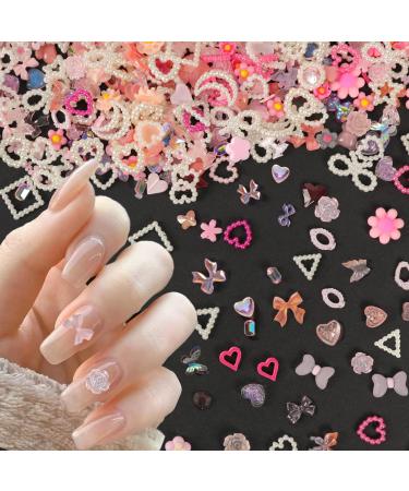 260Pcs 3D Assorted Pearls Nail Charms Acrylic Multi Shapes Pink Heart Flower Bear Bowknot Cute Nail Charms Heart Star White Pearls Nail Beads Charms for Manicure DIY Crafts Jewelry Accessories S4-Pink White