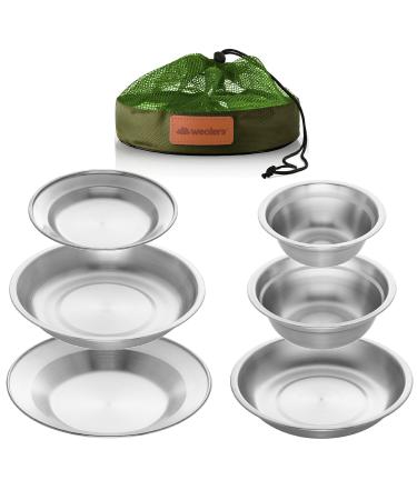 Wealers Stainless Steel Plates and Bowls Camping Set Small and Large Dinnerware for Kids, Adults, Family | Camping, Hiking, Beach, Outdoor Use | Incl. Travel Bag (6-Piece Kit)